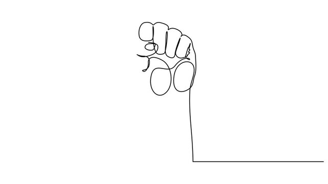 Animated self drawing of fist upwards one continuous line art. outline border frame, Continuous line hand clenched fist. Full length motion
