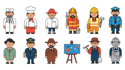 A diverse group of cartoon professionals in various occupations and uniforms