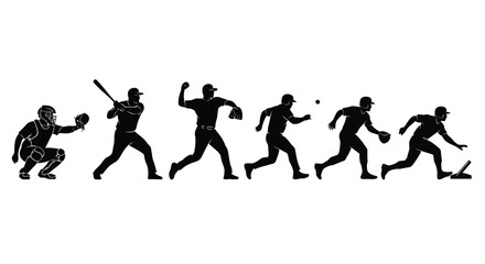 A series of baseball player silhouettes in various poses against a white background silhouette