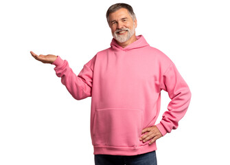 Fototapeta premium Happy middle aged man in pink sweatshirt, smiling older professional manager looking at camera, presenting ads advertising product or service isolated on transparent background