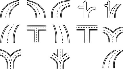 Fototapeta premium Collection of black and white road intersection and curve with dashed lines white background
