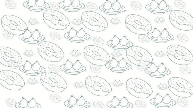 Food doodle art with donuts and fruit on plates, perfect for food blogs, menus, and social media posts. Vibrant and playful design.