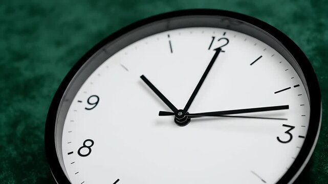 Close-up of a minimalist analog clock face with a black frame against a green textured background