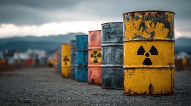 Industrial scene featuring colorful barrels marked with radioactive symbols, positioned in a desolate landscape under a dramatic sky, conveying themes of caution and environmental concern.