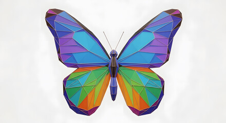 Vibrant geometric rainbow butterfly isolated on white background.