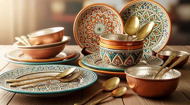 A collection of traditional Middle Eastern tableware copper bowls, ceramic plates, and brass utensils, arranged artistically with a soft focus