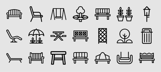 Outdoor park furniture and urban landscaping design elements. Minimalist black monoline pictograms for city planning, public spaces, and garden architecture.