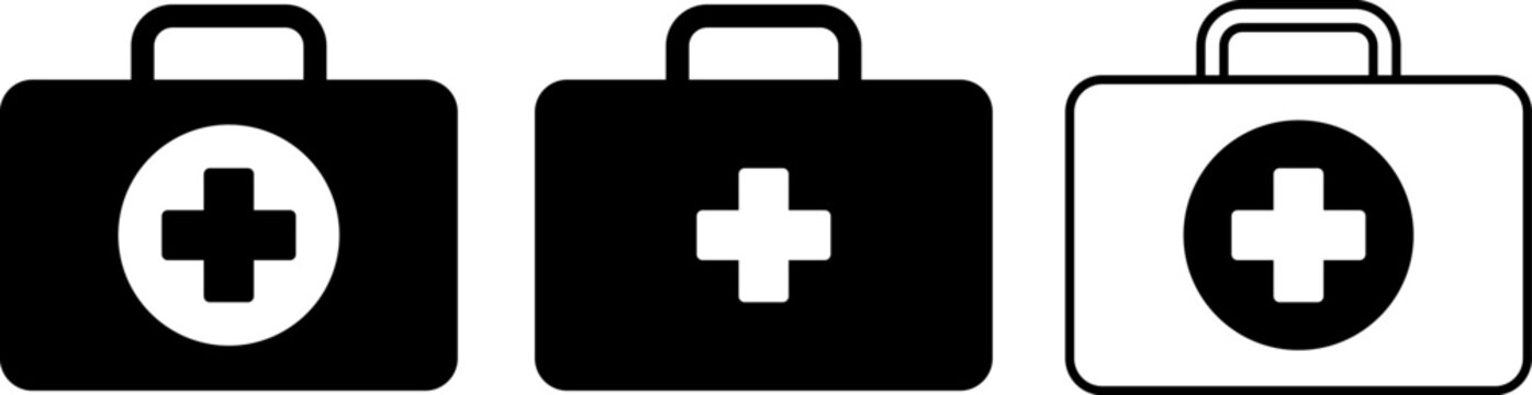 Set of first aid kit icons in black and white