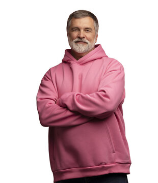 Caucasian smiling bearded mature man wearing pink hoodie on transparent background. Standing indoors