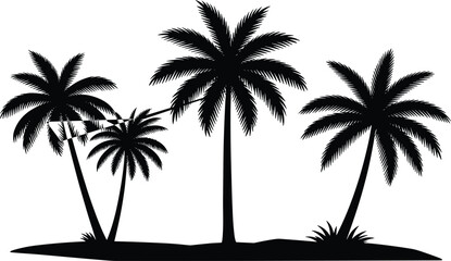 Fototapeta premium Tropical palm tree silhouettes on island, black coconut trees in summer beach landscape, cad drawing flat vector illustration of exotic nature scenery