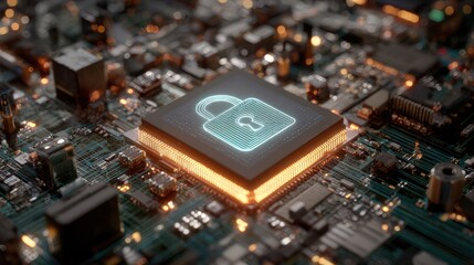 Obraz premium Digital Security Concept with Lock Symbol on Circuit Board, Representing Data Protection and Cybersecurity in Modern Technology Environment