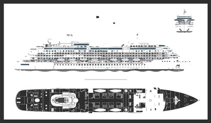 Cruise ship blueprint with side elevation and deck plan view, technical nautical vessel design, cad drawing flat vector illustration of luxury ocean liner © Ringkon