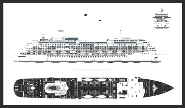 Cruise ship blueprint with side elevation and deck plan view, technical nautical vessel design, cad drawing flat vector illustration of luxury ocean liner