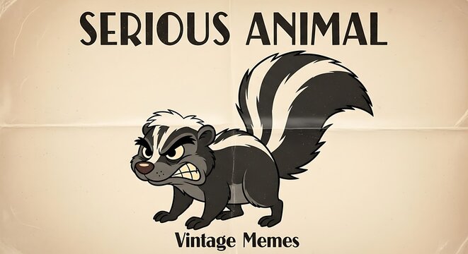 Grumpy skunk with striped tail displayed in vintage cartoon style.