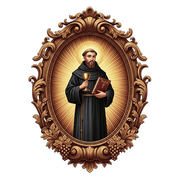 A bearded monk in dark robes holds a golden chalice and sacred book. A radiant halo and ornate gold oval frame surround him.