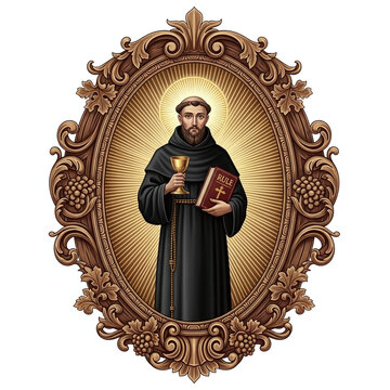 A bearded religious figure in a black habit holds a golden chalice and a book labeled 'RULE'. He stands within an ornate oval frame with a radiant halo.