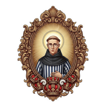 A tonsured man in glasses and monastic robes holds a cross within an ornate golden frame. A halo shines behind his head, with three royal crowns below.