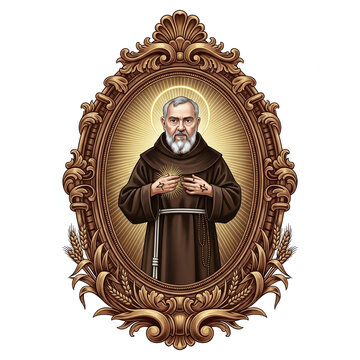 A bearded religious figure in a brown monastic robe, displaying stigmata and a halo, stands within an ornate golden oval frame with radiant light and wheat.