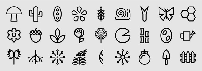 Nature and gardening monoline icons for organic branding and landscape design. Professional black outline pictograms featuring botany, horticulture, and outdoor growth concepts.