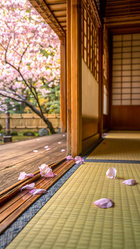 畳の上に舞い散る桜の花びらと日本家屋の縁側から見える春の庭　障子と木の温もりが感じられる侘び寂びの風景