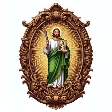 An ornate oval frame encases a depiction of Saint Jude Thaddeus, who stands holding a club and an image of Jesus, against a radiant golden background.