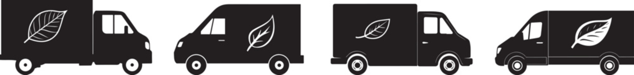 Silhouette of a delivery van with a leaf symbol on its side.  Black delivery truck icon set vector silhouette © Nazia