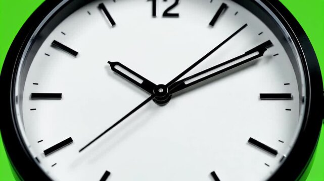 Extreme close-up of a simple analog watch face with black hands on a white dial, isolated on green