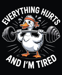 Cartoon duck lifting weights tired humor vector illustration flat design