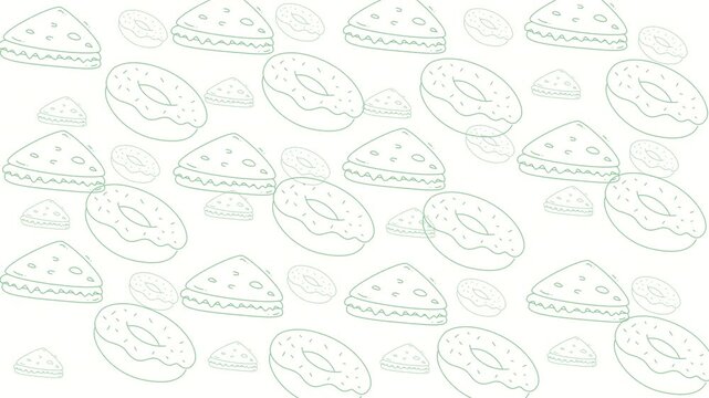 Food doodle array light green outlined donuts and sandwiches for fun, whimsical designs suitable for food branding and packaging.