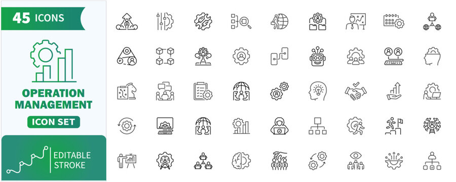 Operation Management web Line Icons Set .Collection of strategy,operations, planning, organization, control, analysis, finance, growth. Editable Stroke. Vector Illustration.