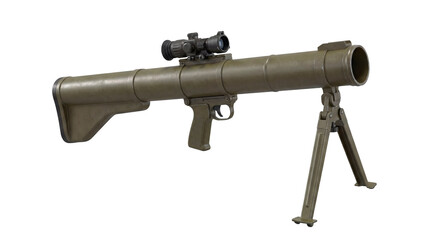 A close-up shot of a modern rocket launcher, showcasing its design and details