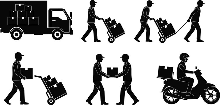 Delivery service worker silhouettes with truck hand truck parcel boxes and motorcycle courier isolated black vector set on white background