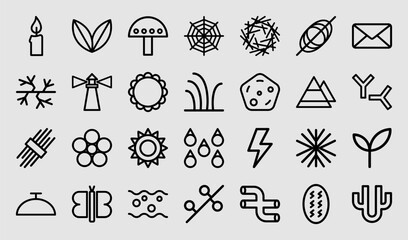 Fototapeta premium Abstract nature and organic lifestyle monoline icons for eco-branding and sustainability infographics. Minimalist black line pictograms featuring botanical and weather elements.