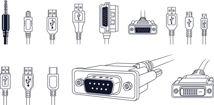 Set of Computer Cable Connectors USB HDMI VGA DVI Audio Ports Isolated Vector Illustration Collection Technology Interface Equipment Icons
