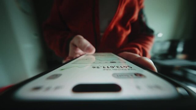 Close-up of male hand holding smartphone. Man walks in apartment using phone. Financial app showing portfolio growth and rising chart. Camera locked at device screen, rotating parallax effect