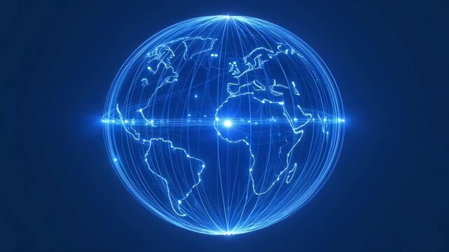Glowing blue wireframe globe with interconnected lines and bright light flares, symbolizing global network, digital connections, and international communication on a dark background