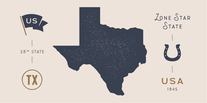 USA. Texas map silhouette, lone star state emblem. Vintage texas state map with flag colors, grunge texture. Patriotic texas state sign for USA geography map design. Vector Illustration