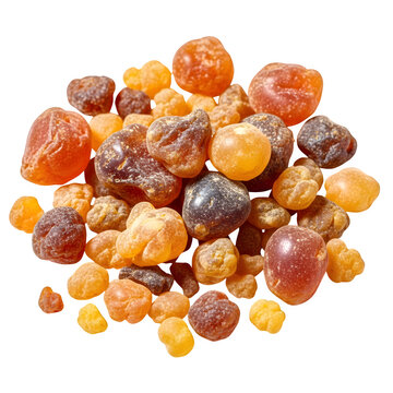A pile of myrrh resin fragments on a transparent background