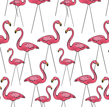 Cute vector repeat pattern with lawn ornament plastic flamingos with clear seamless background, print design for fabric, textiles and cards