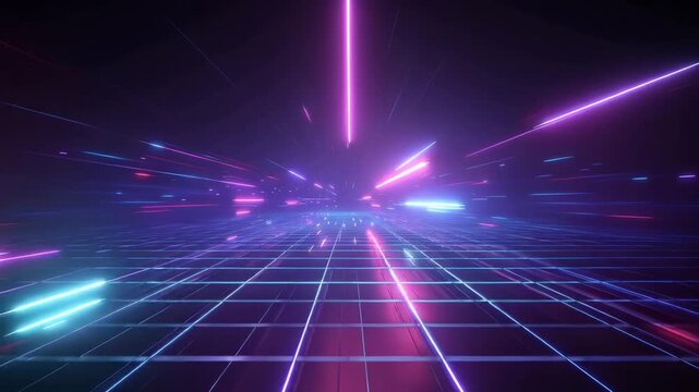 Futuristic neon grid floor with glowing purple and blue light trails in cyber technology background