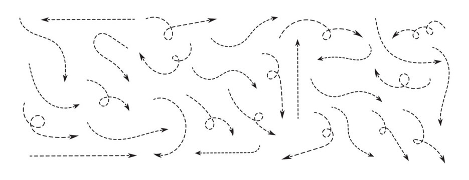 Dashed line arrow set, curvy , twirl and straight.