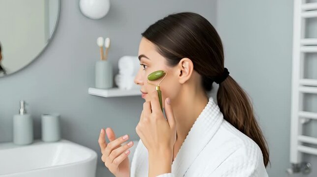 Young woman in a modern bathroom using a jade roller for facial massage and skincare routine promoting relaxation and wellness with natural beauty products