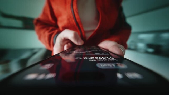Close-up wide angle male hand holding smartphone. Man using phone at home. Financial app showing declining portfolio value and falling charts. Camera locked at device screen, rotating parallax effect