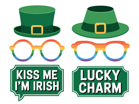 St. Patrick's Day celebration props include two green hats, vibrant rainbow glasses, and two Irish-themed speech bubbles.