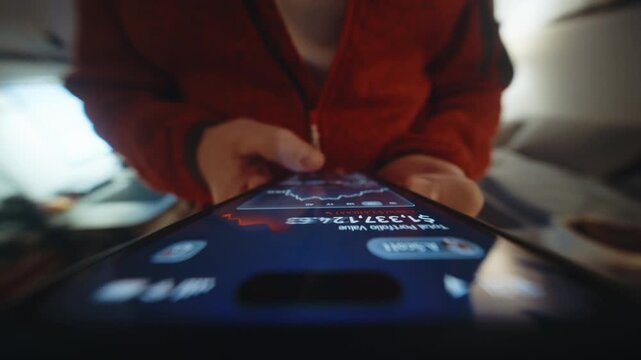Close-up wide angle male hand holding smartphone. Man using phone at home. Financial app showing declining portfolio value and falling charts. Camera locked at device screen, rotating parallax effect