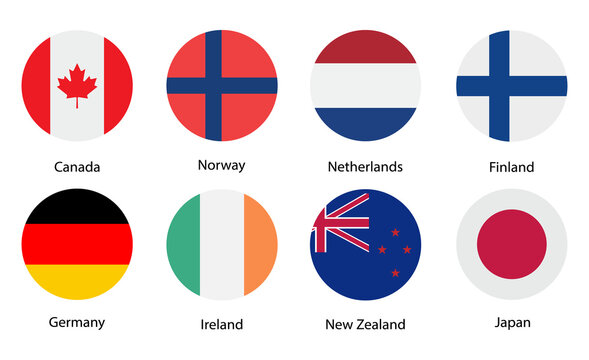 Round country flag icons set isolated on white background, canada, norway, netherlands, finland, germany, ireland, new zealand, japan