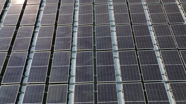High angle view of floating PV panels and closed-house poultry farm for energy-efficient livestock production.