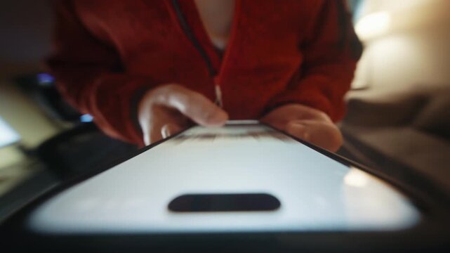 Ultra wide angle shot of male hand holding smartphone, swiping finger. Man using phone scrolling social media feed on screen being at home. Camera locked close to device, parallax rotating background