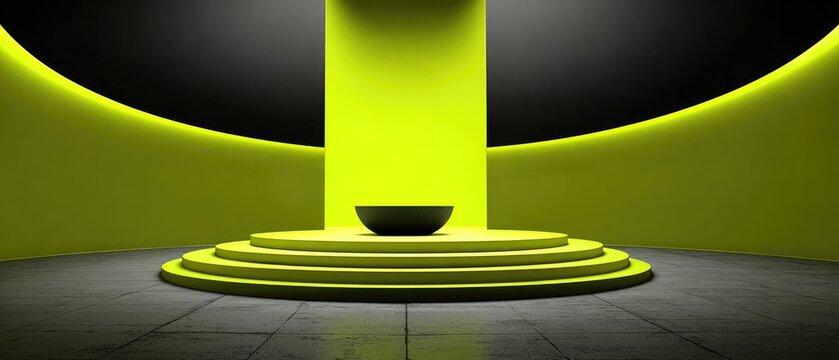 Futuristic Neon Green Podium with Dramatic Lighting in Minimalist Interior Design