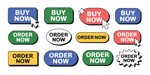 Buy Now and Order Now Buttons Collection with Icons, Modern Call to Action Labels in Flat Colorful Style for Web, Mobile App, UI UX Design, E Commerce Banner Elements Set